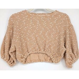 Sabo Khaki White Slub Knit Cropped Top XXS Textured‎ Puff Sleeve Neutral Chic